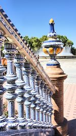 Exterior of temple building against clear blue sky