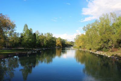 Scenic view of lake in forest against sky