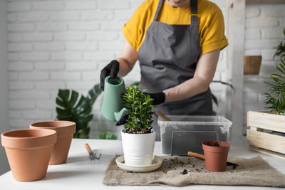 Midsection of man holding potted plant