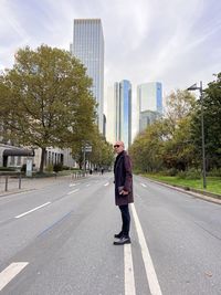 High angle view of man walking on street frankfurt skyline skyscrapers germany 