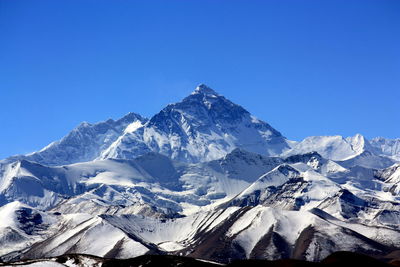 Scenic view of snowcapped mountains against clear blue sky