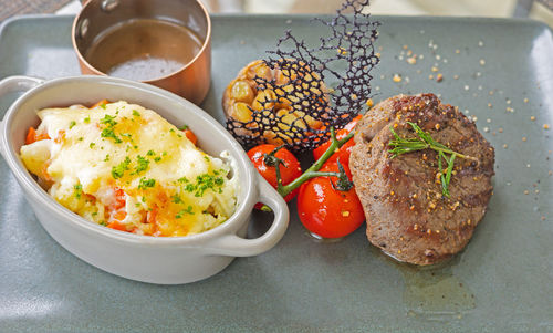 High angle view of breakfast served on table