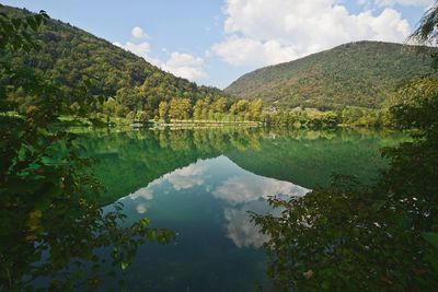 Lake by mountains