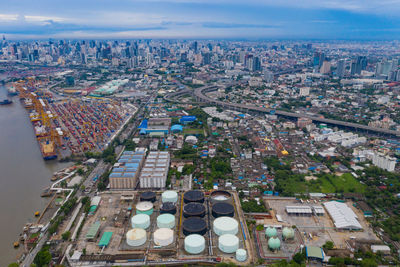 High angle view of buildings in city