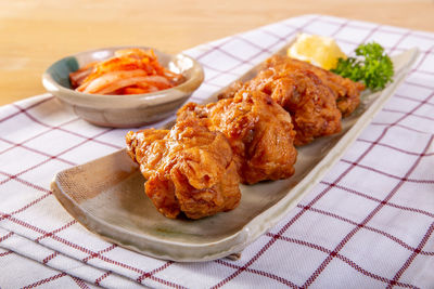 High angle view of food served on table