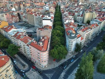 High angle view of street amidst buildings in city