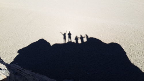 Shadow of friends standing on cliff during sunny day