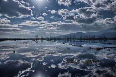 Scenic view of lake against sky during sunset