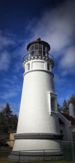 Low angle view of lighthouse against building