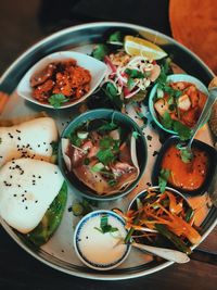 High angle view of food served on table