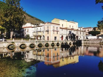 Reflection of buildings in river against clear blue sky