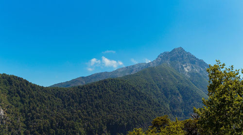 Scenic view of mountains against blue sky