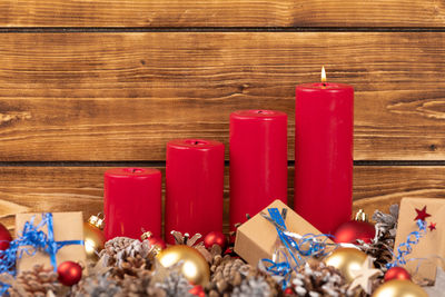 High angle view of christmas decorations on table