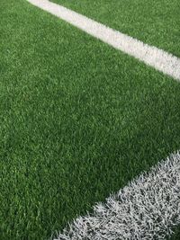 High angle view of white line on soccer field