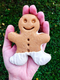 Close-up of hand holding gingerbread cookie outdoors