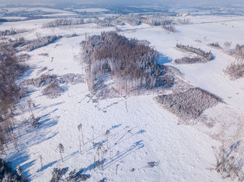 High angle view of snow covered land