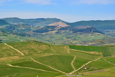 Scenic view of agricultural field against sky