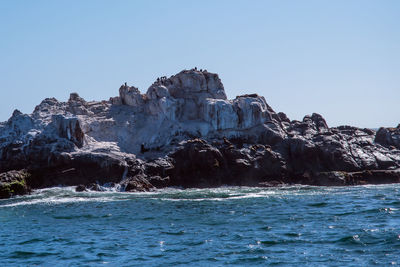 Rock formations by sea against clear blue sky