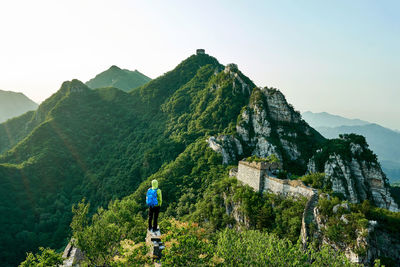 Rear view of man standing on mountain against clear sky