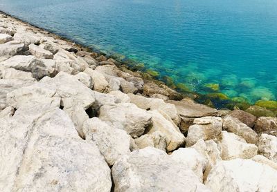 High angle view of rocks on beach