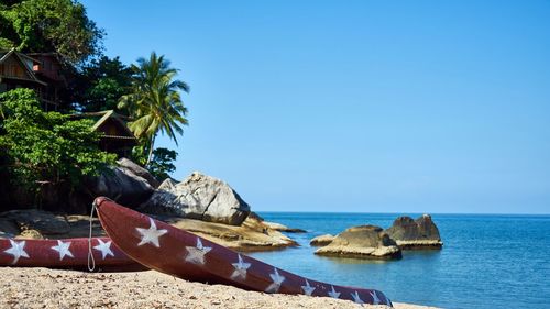 Scenic view of sea against clear blue sky