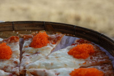 High angle view of pizza on table