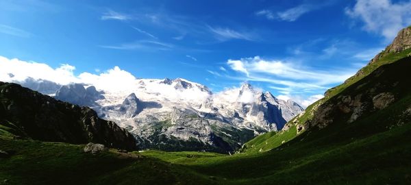 Scenic view of snowcapped mountains against sky