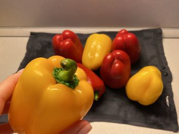 High angle view of red bell peppers