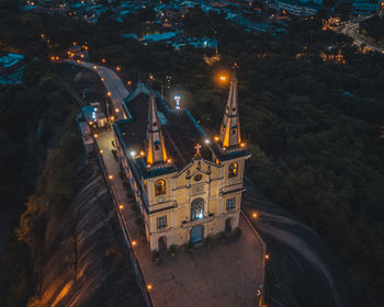 High angle view of illuminated buildings at night