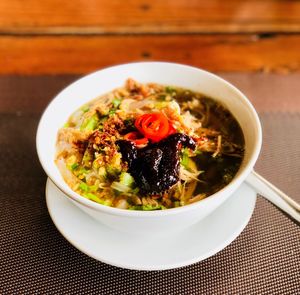 High angle view of food in bowl on table