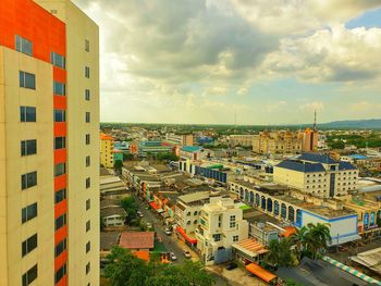 High angle view of street amidst buildings in city