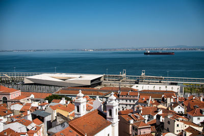 High angle view of townscape by sea against clear sky