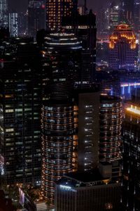 Aerial view of illuminated buildings at night