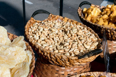 Basket full of cashew nuts at a street market in rambouillet france