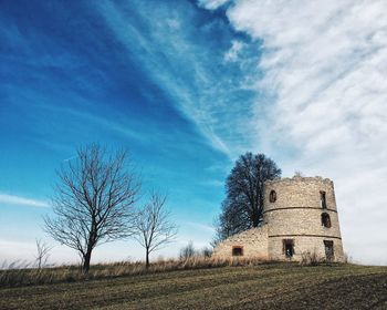 Bare tree in farm against sky