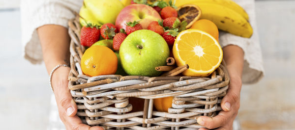 High angle view of fruits in basket