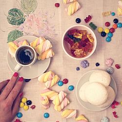 Directly above shot of breakfast served on table