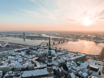 Aerial view of the winter riga old town