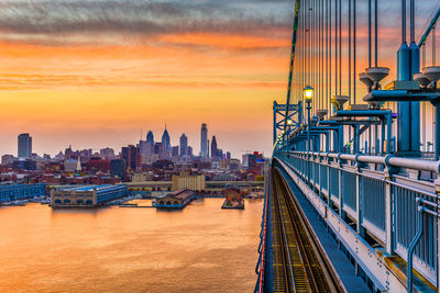 High angle view of city at sunset