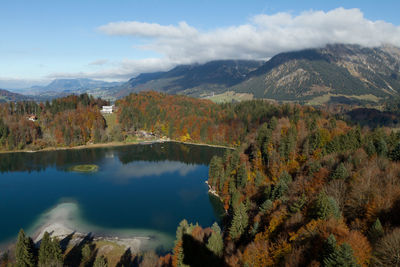 Scenic view of lake and mountains against sky