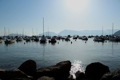 Sailboats moored in sea against clear sky