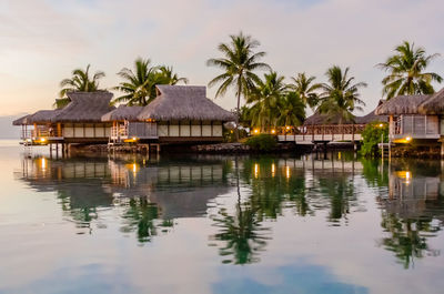 Palm trees by lake and house against sky