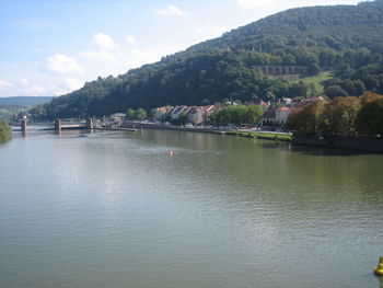 Scenic view of lake by mountains against sky