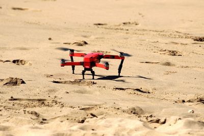 Close-up of red umbrella on sand at beach