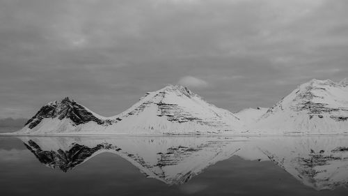 Scenic view of lake and snowcapped mountains against sky