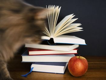 Stack of books on table