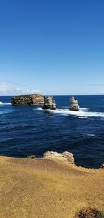 Scenic view of sea against clear blue sky