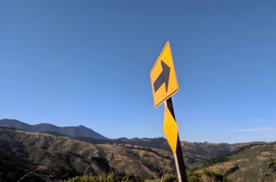 Road sign against clear blue sky