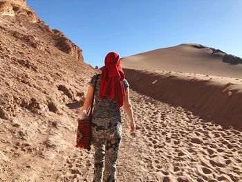 Rear view of man standing on desert