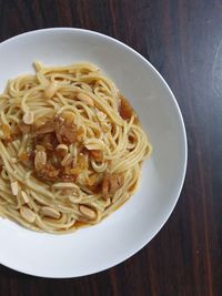 High angle view of noodles in bowl on table